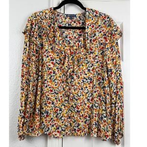 Democracy Floral Boho Blouse L Tie Neck Ruffle Long Sleeve Peasant Top